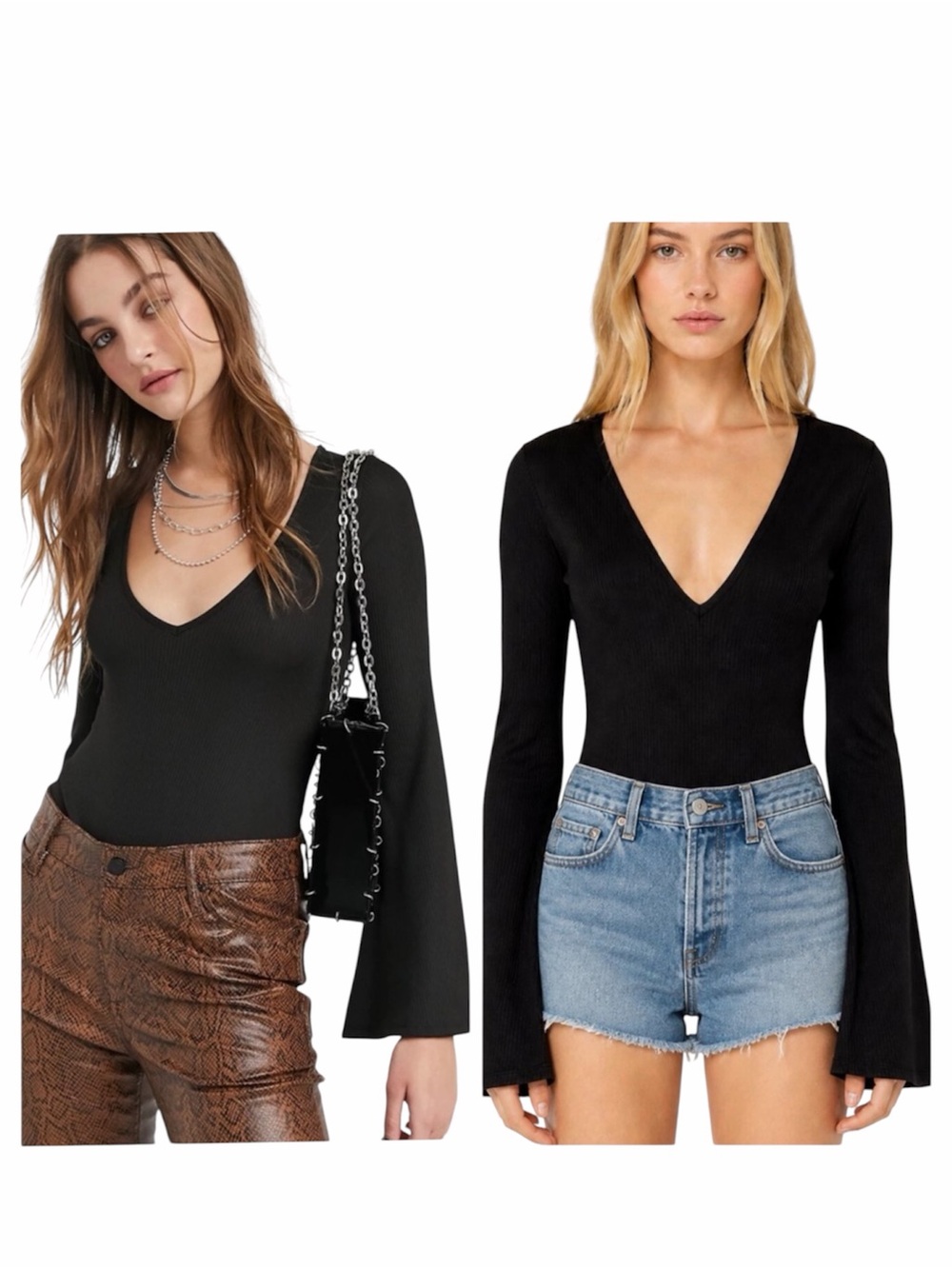 Free People | Ribbed Long Bell Sleeve Charli Bodysuit Black Large